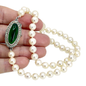 Mid-Century Chrysoprase Japanese Saltwater Cultured Akoya Pearl Vintage Choker Necklace - Sterling Silver 16.25 Inch
