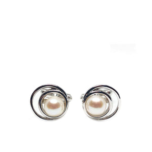 Circle Modernist Japanese Cultured Akoya Pearl Round Cufflinks- Sterling Silver