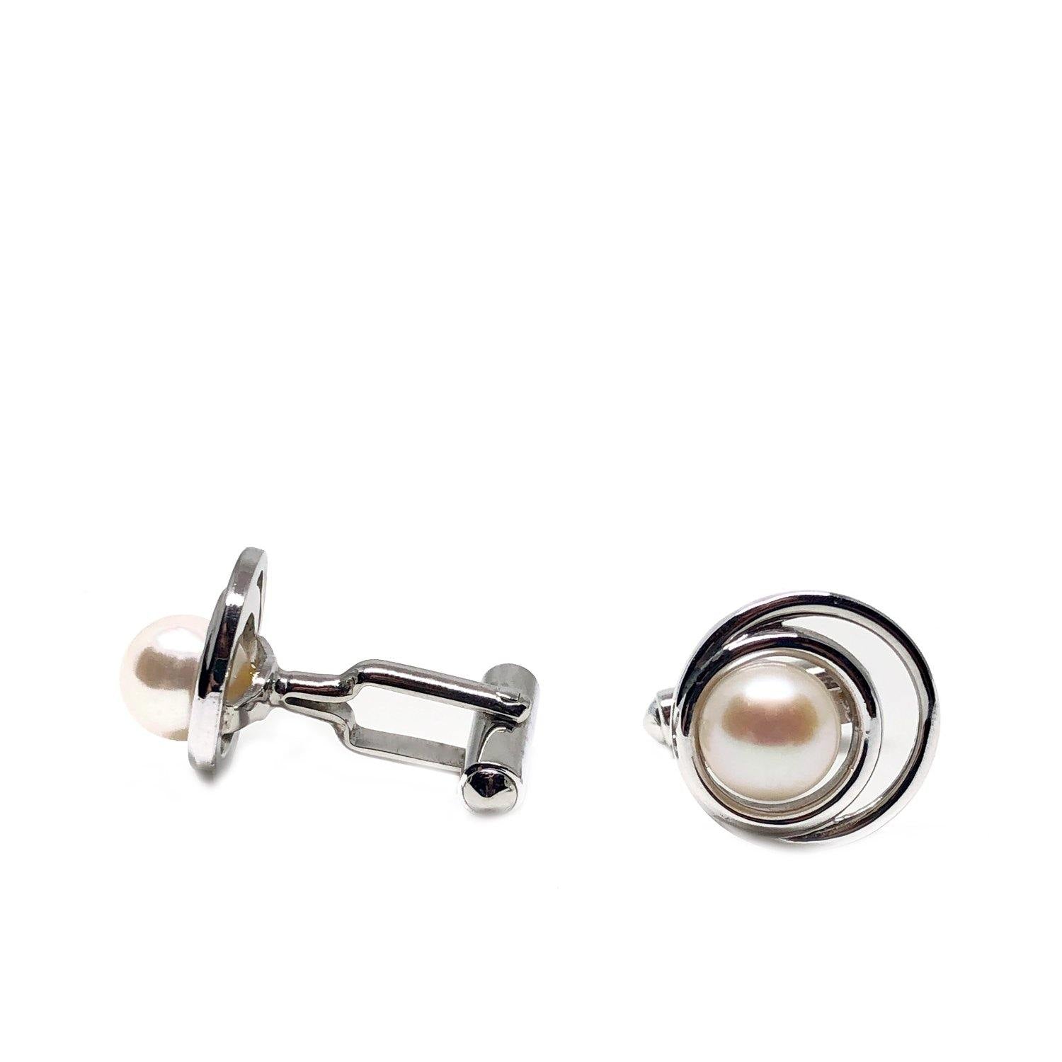 Circle Modernist Japanese Cultured Akoya Pearl Round Cufflinks- Sterling Silver