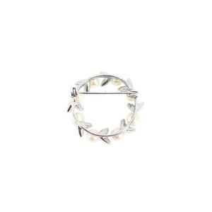 Circle Wreath Leaf Japanese Saltwater Akoya Vintage Pearl Brooch Pin- Sterling Silver