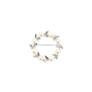 Circle Wreath Leaf Japanese Saltwater Akoya Vintage Pearl Brooch Pin- Sterling Silver