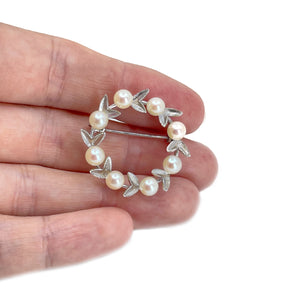 Circle Wreath Leaf Japanese Saltwater Akoya Vintage Pearl Brooch Pin- Sterling Silver