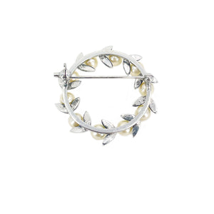 Milgrain Wreath Leaf Japanese Saltwater Akoya Vintage Pearl Brooch Pin- Sterling Silver