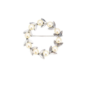 Milgrain Wreath Leaf Japanese Saltwater Akoya Vintage Pearl Brooch Pin- Sterling Silver
