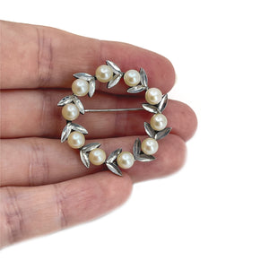 Milgrain Wreath Leaf Japanese Saltwater Akoya Vintage Pearl Brooch Pin- Sterling Silver