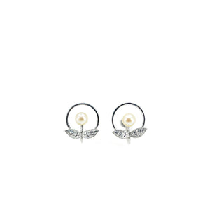 Circle Leaf Akoya Saltwater Cultured Pearl Vintage Screwback Earrings- Sterling Silver