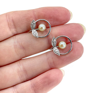Circle Leaf Akoya Saltwater Cultured Pearl Vintage Screwback Earrings- Sterling Silver