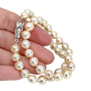 Baroque Choker Engraved Japanese Cultured Saltwater Akoya Pearl Vintage Necklace- Sterling Silver 14.25 Inch