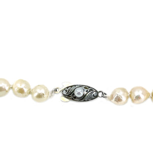 Baroque Deco Japanese Saltwater Cultured Akoya Pearl Engraved Necklace - Sterling Silver 21 Inch
