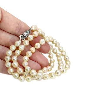 Baroque Deco Japanese Saltwater Cultured Akoya Pearl Engraved Necklace - Sterling Silver 21 Inch