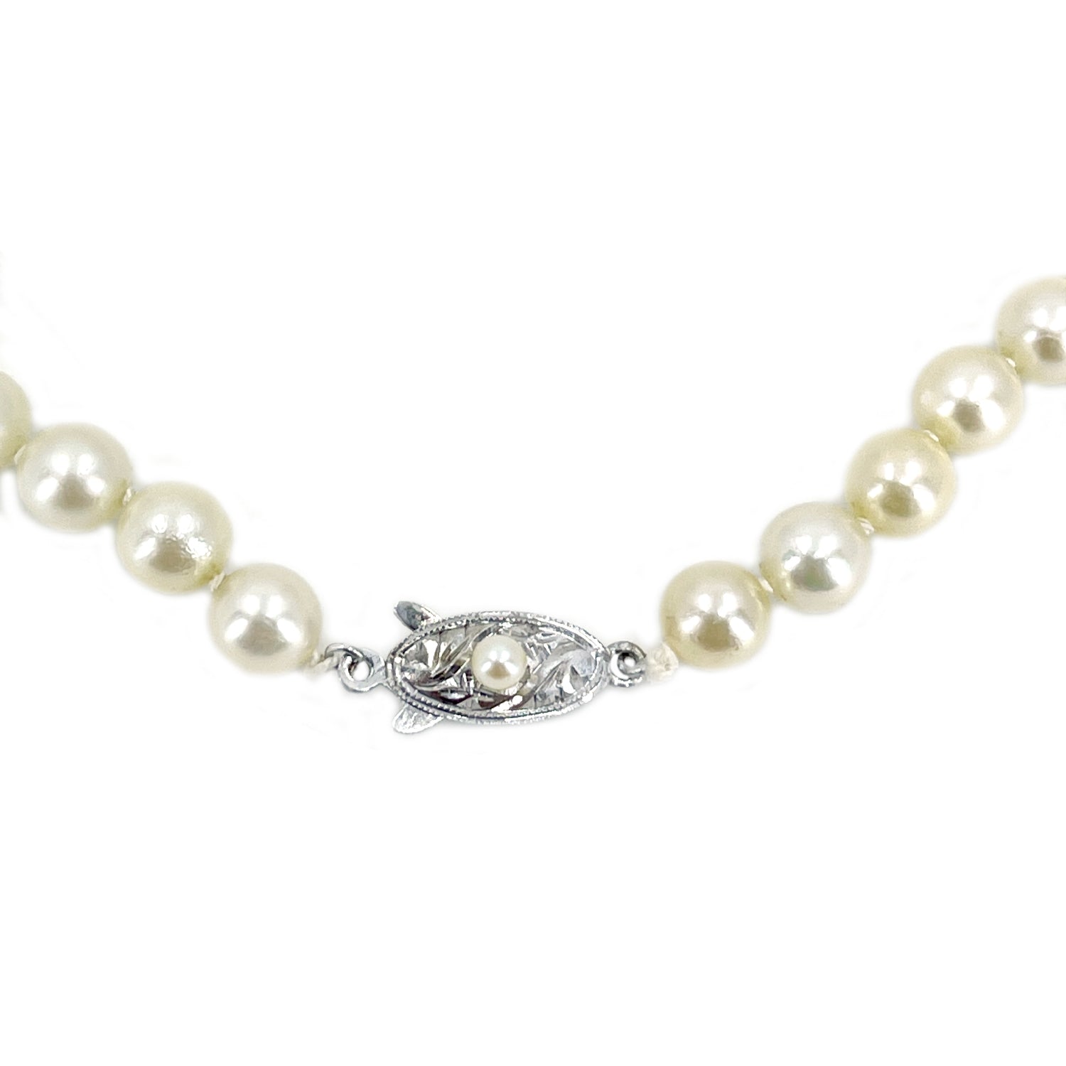 Classic Engraved Japanese Cultured Saltwater Akoya Pearl Choker Necklace- Sterling Silver 15.50 Inch