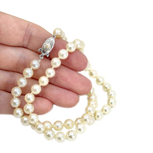 Classic Engraved Japanese Cultured Saltwater Akoya Pearl Choker Necklace- Sterling Silver 15.50 Inch