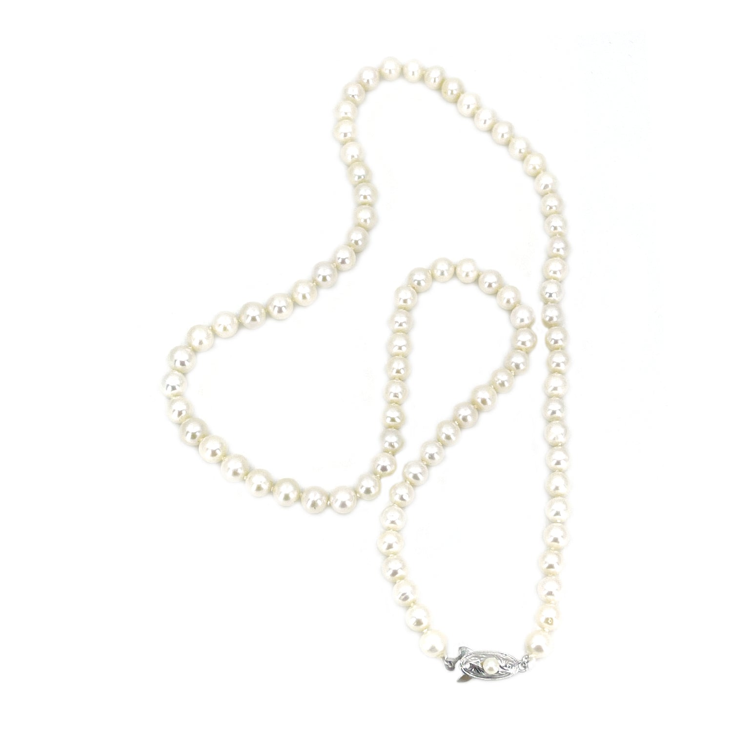 Retro Japanese Saltwater Cultured Akoya Pearl Graduated Necklace - Sterling Silver 25 Inch