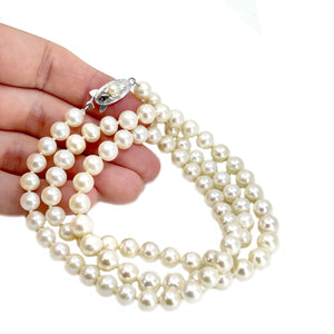 Retro Japanese Saltwater Cultured Akoya Pearl Graduated Necklace - Sterling Silver 25 Inch