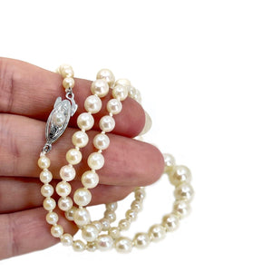 Engraved Deco Milgrain Japanese Saltwater Cultured Akoya Pearl Graduated Necklace - Sterling Silver 19.25 Inch