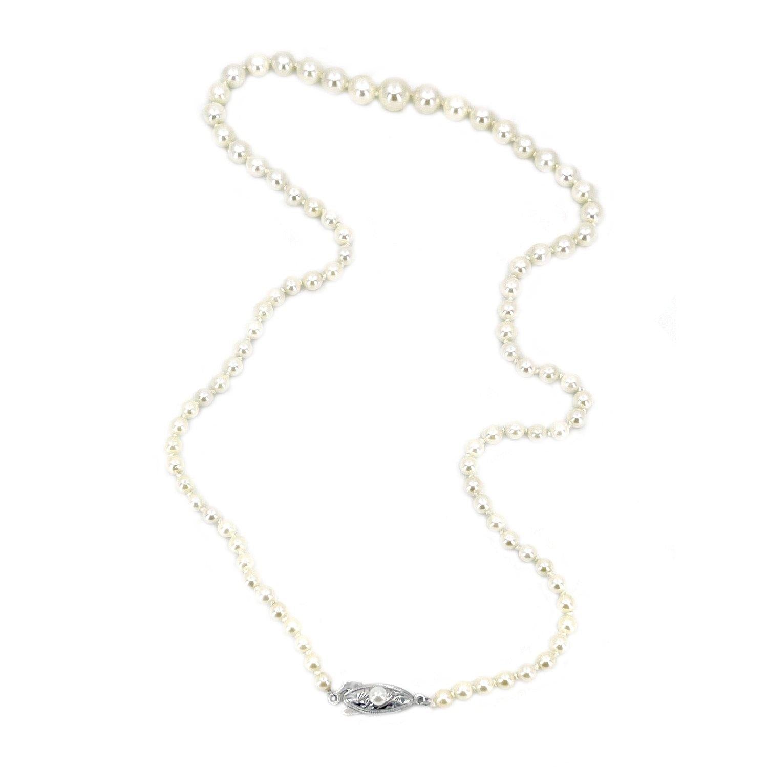 Engraved Deco Milgrain Japanese Saltwater Cultured Akoya Pearl Graduated Necklace - Sterling Silver 19.25 Inch