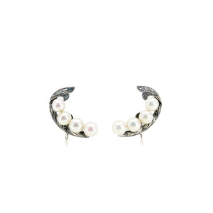 Engraved Vintage Climber Akoya Saltwater Cultured Pearl Nouveau Screwback Earrings- Sterling Silver