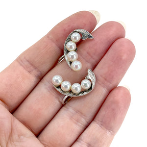 Engraved Vintage Climber Akoya Saltwater Cultured Pearl Nouveau Screwback Earrings- Sterling Silver