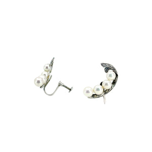 Engraved Vintage Climber Akoya Saltwater Cultured Pearl Nouveau Screwback Earrings- Sterling Silver