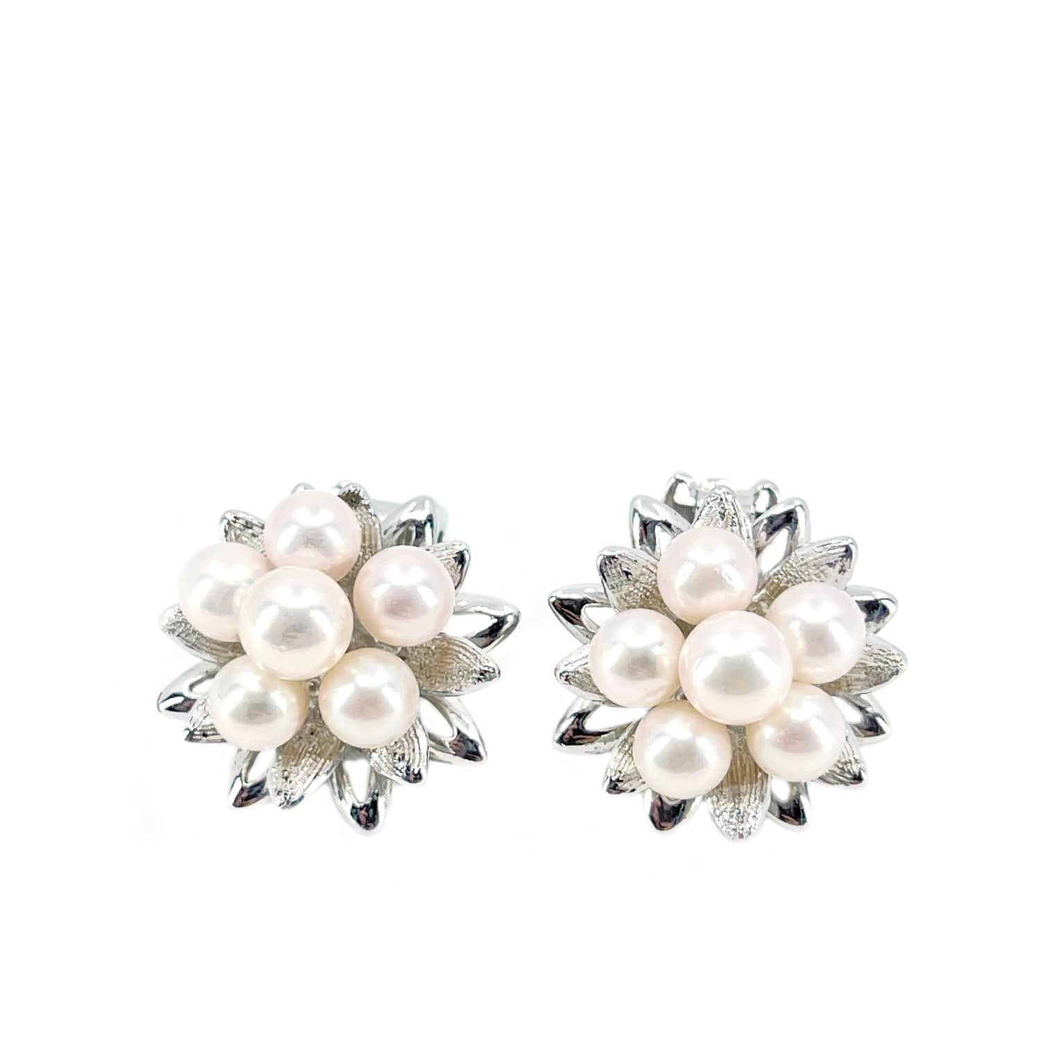 Cherry Blossom Akoya Saltwater Cultured Pearl Cluster Clip Earrings- Sterling Silver
