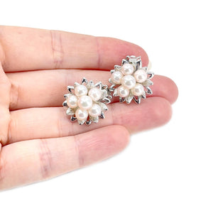 Cherry Blossom Akoya Saltwater Cultured Pearl Cluster Clip Earrings- Sterling Silver