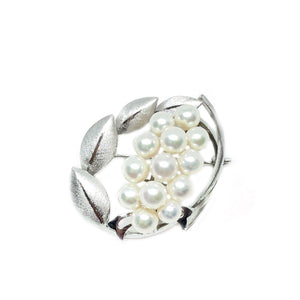 Cluster Leaves Japanese Saltwater Akoya Cultured Pearl Brooch- Sterling Silver