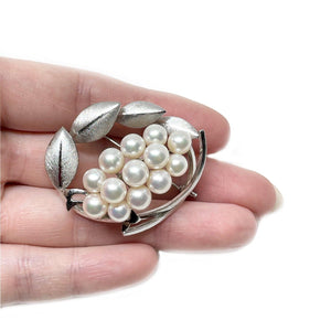 Cluster Leaves Japanese Saltwater Akoya Cultured Pearl Brooch- Sterling Silver