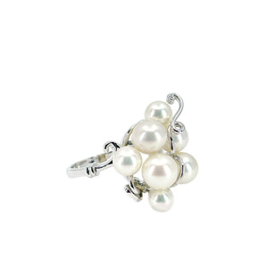 Cluster Mid Century Japanese Saltwater Akoya Cultured Pearl Ring- Sterling Silver Sz 5 1/2