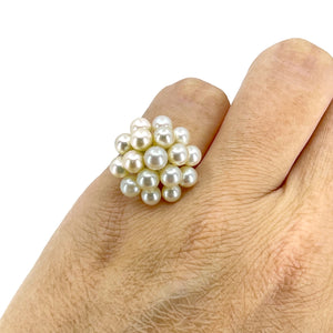 Dome Cluster Mid Century Japanese Saltwater Akoya Cultured Pearl Vintage Ring- Sterling Silver Sz 4 1/2