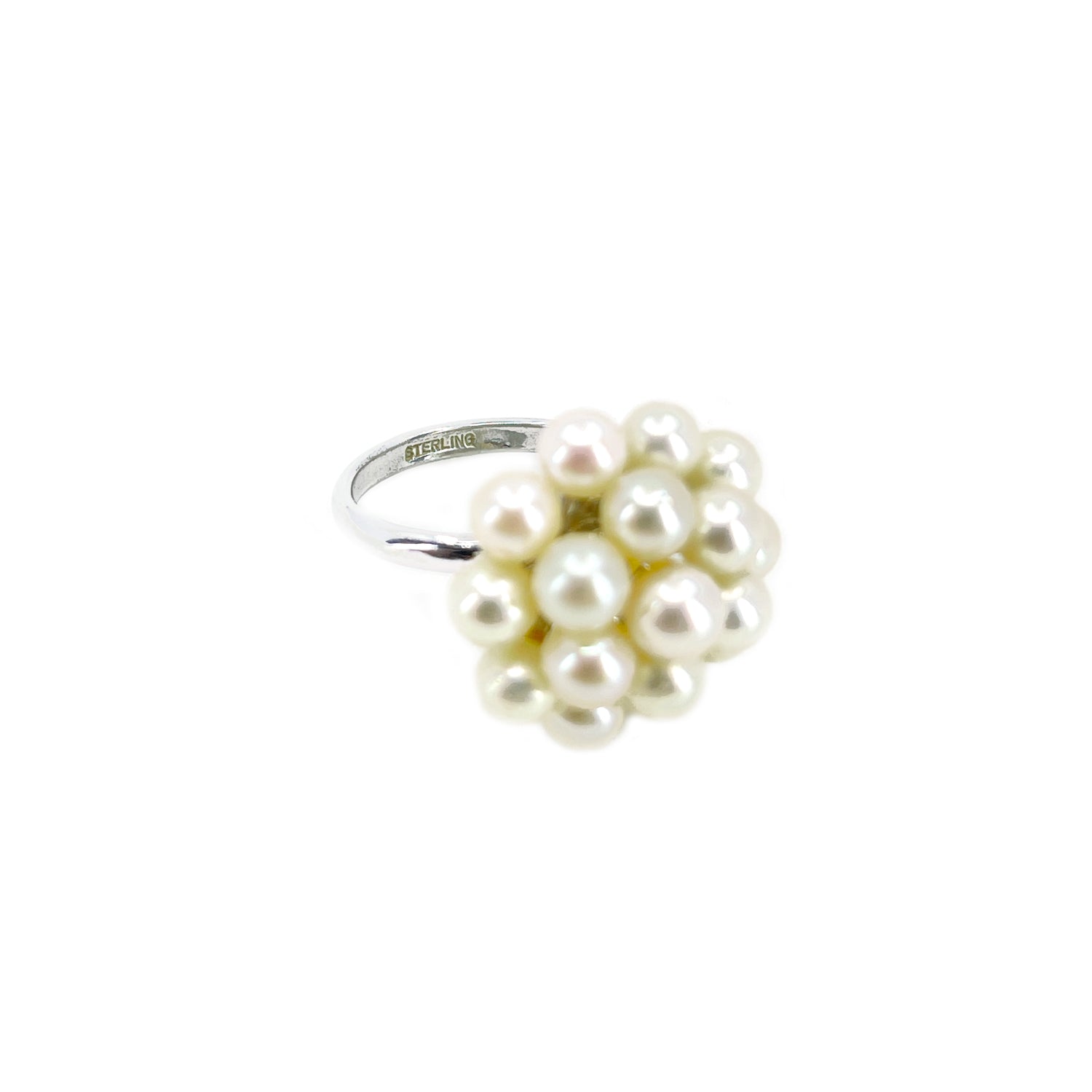 Dome Cluster Mid Century Japanese Saltwater Akoya Cultured Pearl Vintage Ring- Sterling Silver Sz 4 1/2