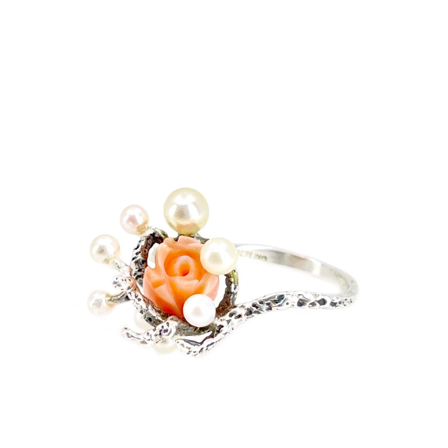 Abstract Salmon Coral Cluster Japanese Saltwater Akoya Cultured Pearl Ring- Sterling Silver Sz 7 1/4