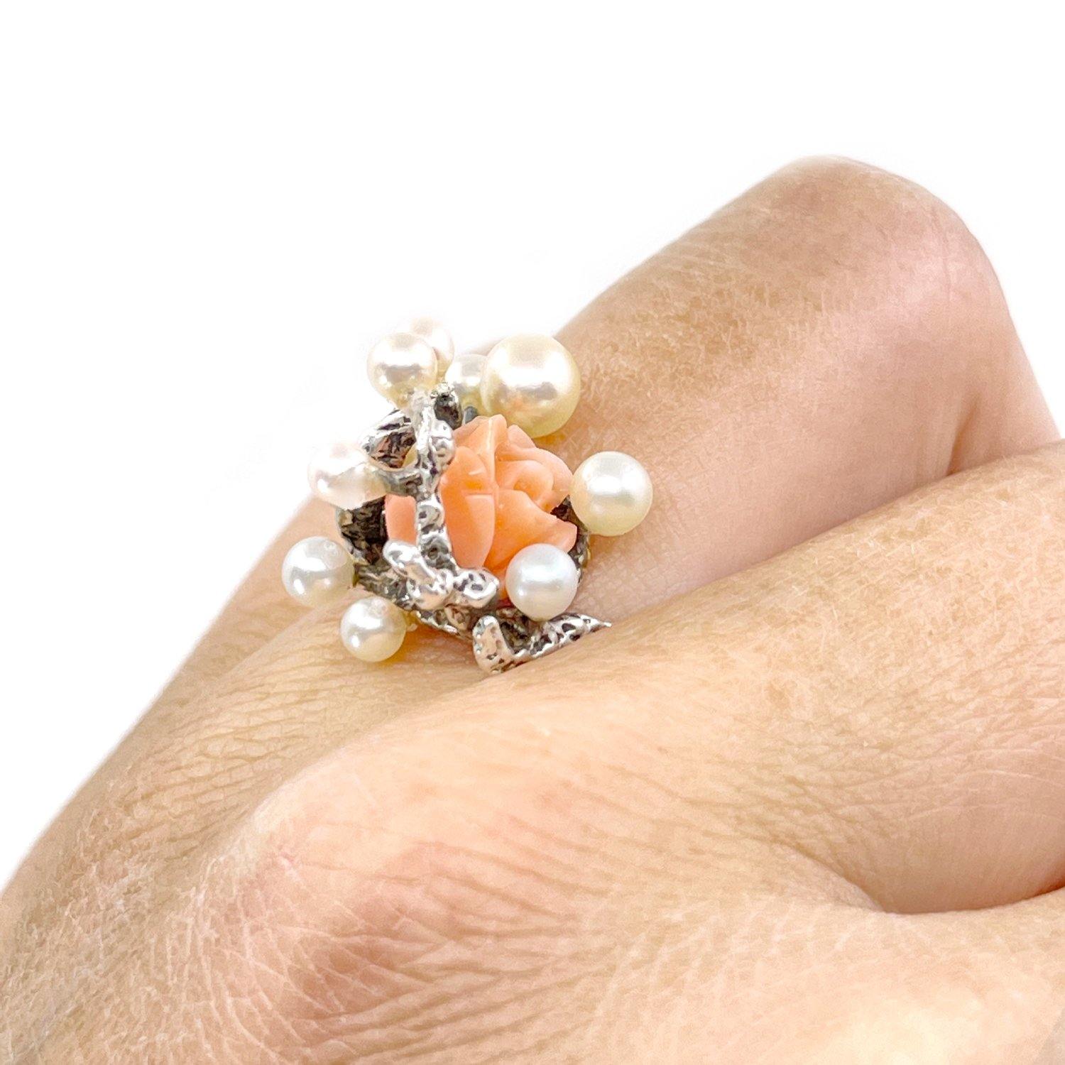 Abstract Salmon Coral Cluster Japanese Saltwater Akoya Cultured Pearl Ring- Sterling Silver Sz 7 1/4