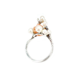Abstract Salmon Coral Cluster Japanese Saltwater Akoya Cultured Pearl Ring- Sterling Silver Sz 7 1/4