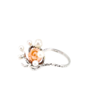 Abstract Salmon Coral Cluster Japanese Saltwater Akoya Cultured Pearl Ring- Sterling Silver Sz 7 1/4