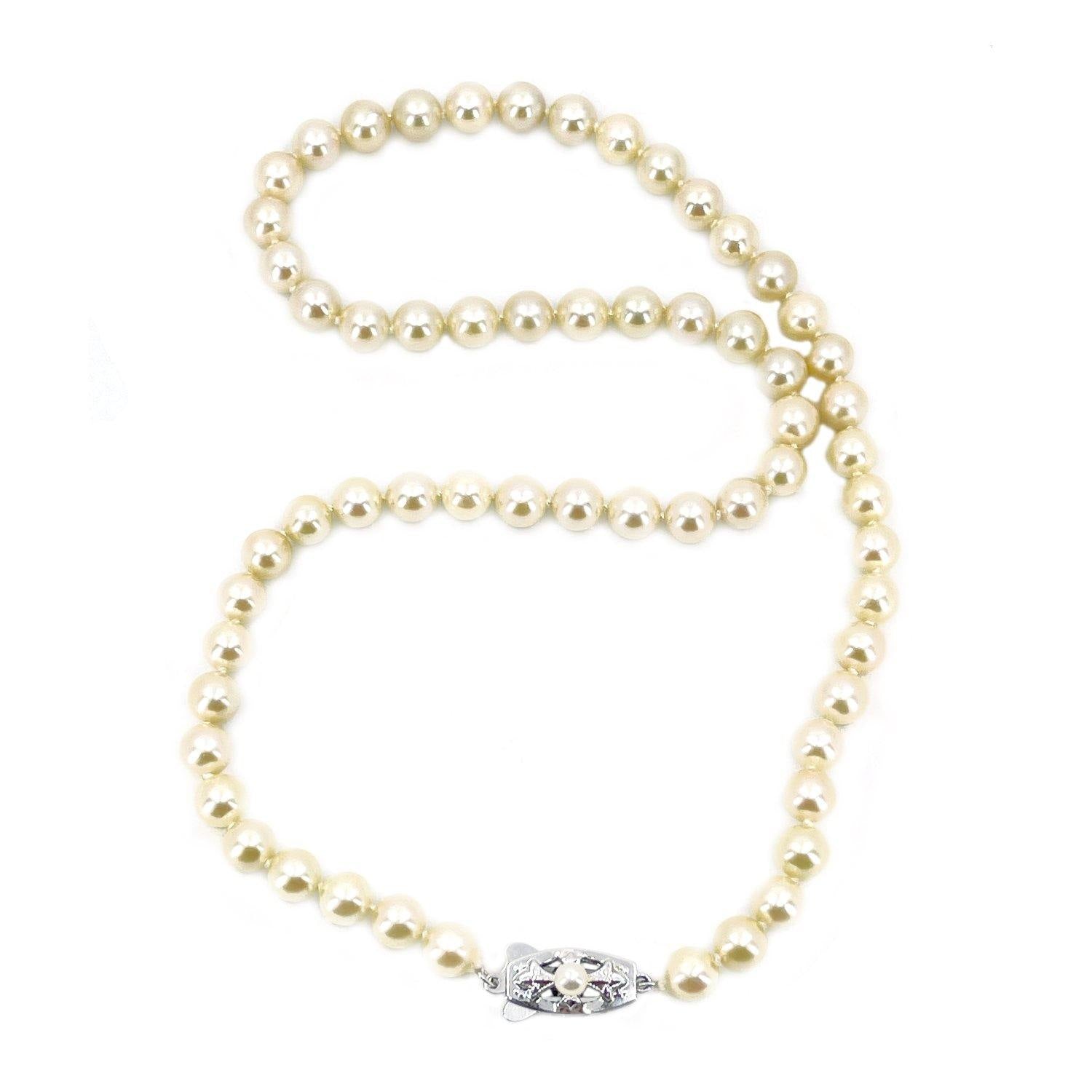 Cream Retro Japanese Saltwater Cultured Akoya Pearl Necklace - Sterling Silver 18 Inch