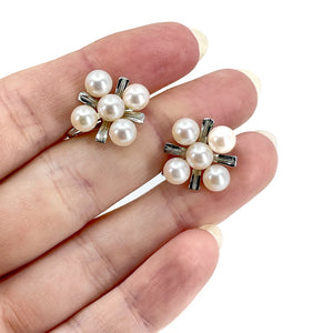 Vintage X Shapped Cluster Akoya Saltwater Cultured Pearl Screwback Earrings- Sterling Silver