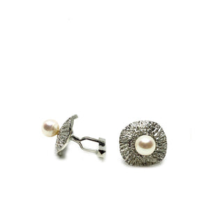 Hand Cast Modernist Japanese Cultured Akoya Pearl Round Cufflinks- Sterling Silver