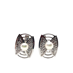 Art Nouveau Engraved Akoya Saltwater Cultured Pearl Screwback Earrings- Sterling Silver