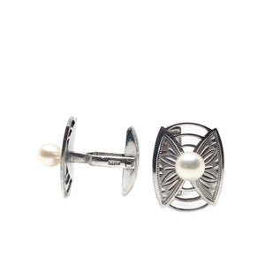 Art Nouveau Engraved Akoya Saltwater Cultured Pearl Screwback Earrings- Sterling Silver
