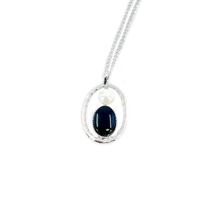 Vintage De Curtis Mid Century Japanese Cultured Akoya Pearl Black Onyx Pendant- Sterling Silver 14.75 Inch