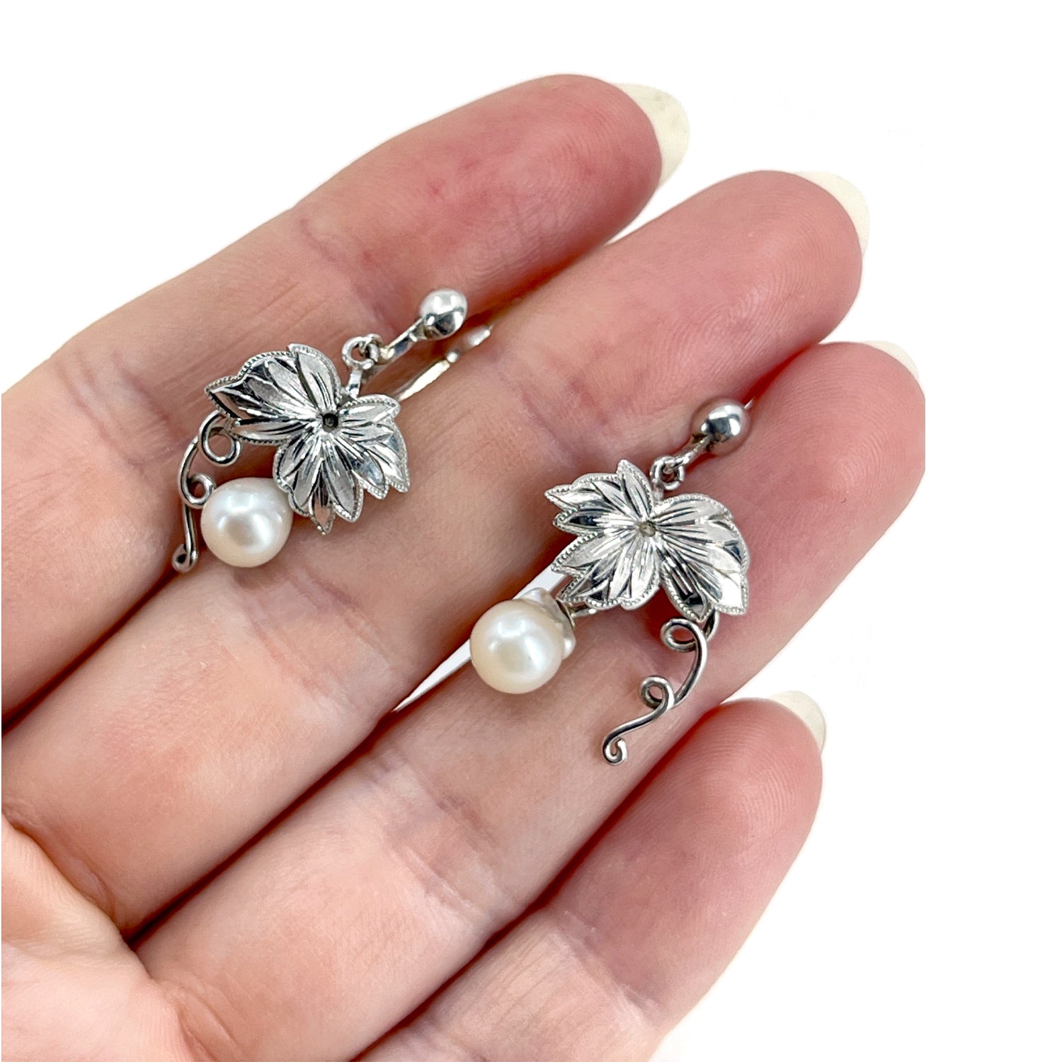 Baroque Grape Dangle Akoya Saltwater Cultured Pearl Screwback Engraved Vintage Earrings- Sterling Silver