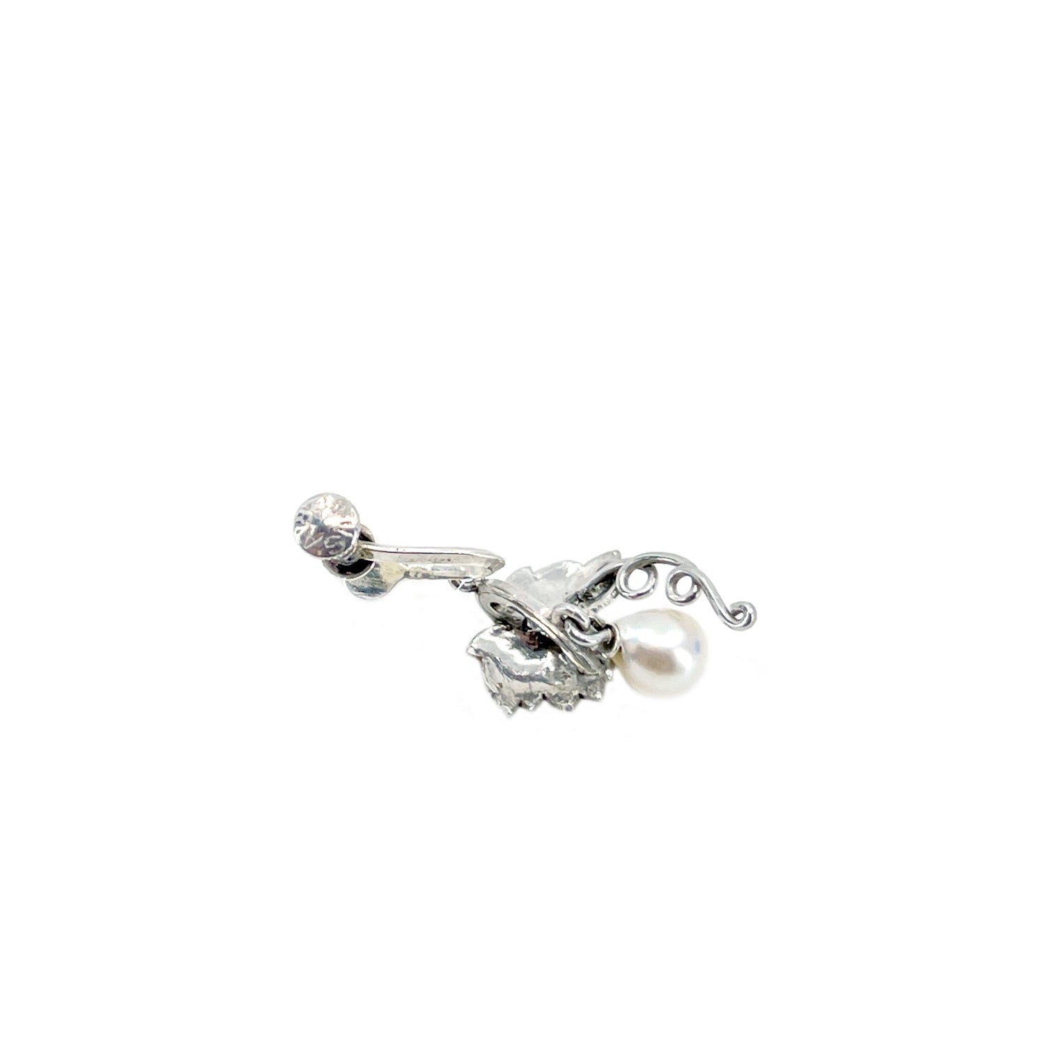 Baroque Grape Dangle Akoya Saltwater Cultured Pearl Screwback Engraved Vintage Earrings- Sterling Silver
