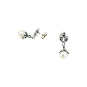 Floral Nouveau Marcasite Vintage Akoya Saltwater Cultured Pearl Pierced Drop Earrings- Sterling Silver