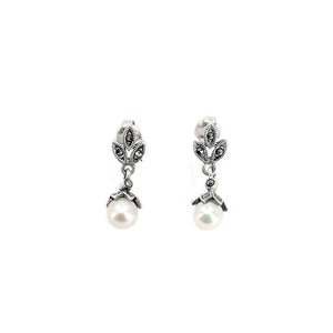 Floral Nouveau Marcasite Vintage Akoya Saltwater Cultured Pearl Pierced Drop Earrings- Sterling Silver