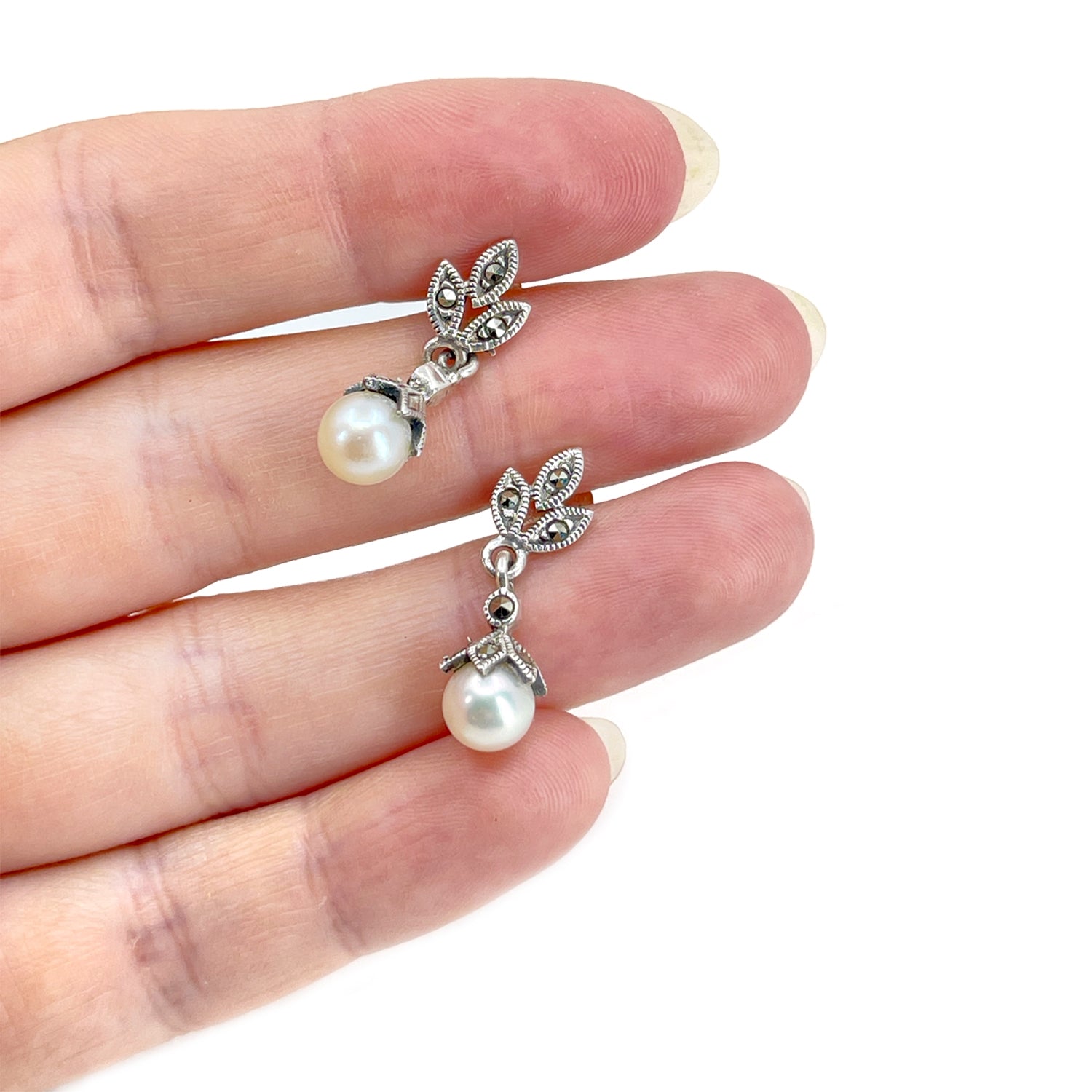 Floral Nouveau Marcasite Vintage Akoya Saltwater Cultured Pearl Pierced Drop Earrings- Sterling Silver