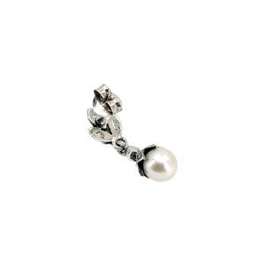 Floral Nouveau Marcasite Vintage Akoya Saltwater Cultured Pearl Pierced Drop Earrings- Sterling Silver