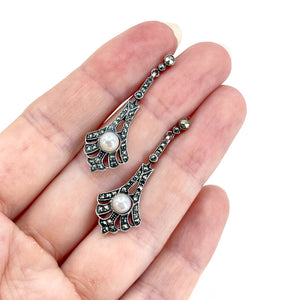 Vintage Deco Marcasite Antique Akoya Saltwater Cultured Pearl Pierced Drop Earrings- Sterling Silver