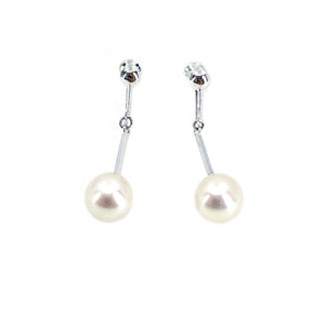 Solitaire Dangle Akoya Saltwater Cultured Pearl Screwback Modernist Earrings- Sterling Silver