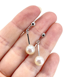 Solitaire Dangle Akoya Saltwater Cultured Pearl Screwback Modernist Earrings- Sterling Silver