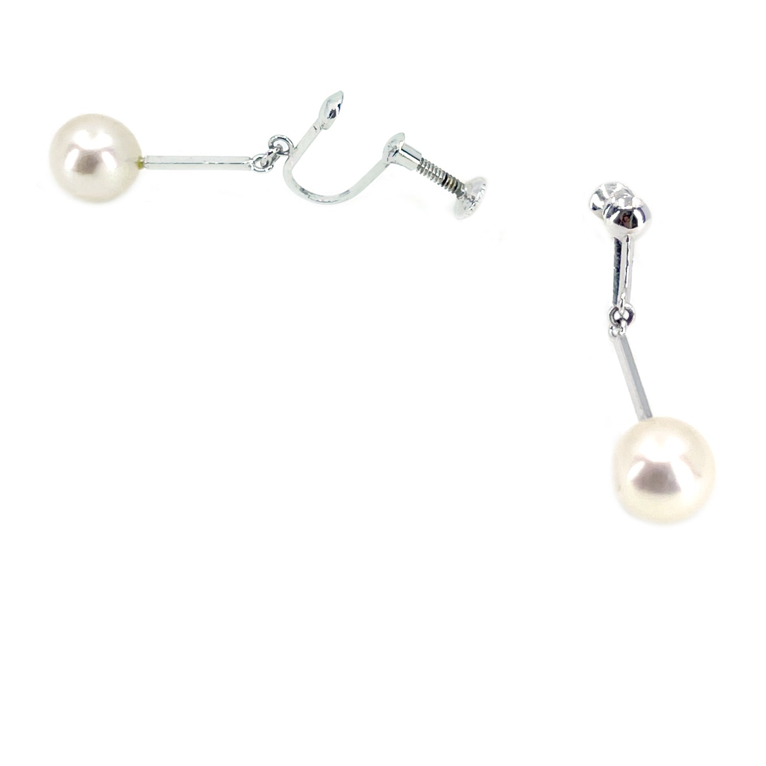 Solitaire Dangle Akoya Saltwater Cultured Pearl Screwback Modernist Earrings- Sterling Silver